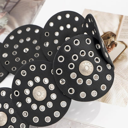 Wide Disc Belt for Women Vintage Hollow Boho Leather Belt Western Chunky Waist Belt Cowboy Metal Buckle Concho Belts