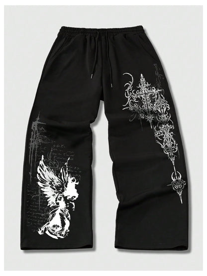 Men's Graphic Cross Print Flare Sweatpants Y2k Casual Pants