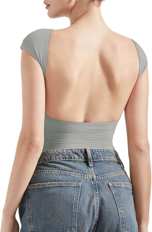 SUUKSESS Women Backless Sexy Going Out Tops Double Lined Open Back Y2k Basic Tee Shirts