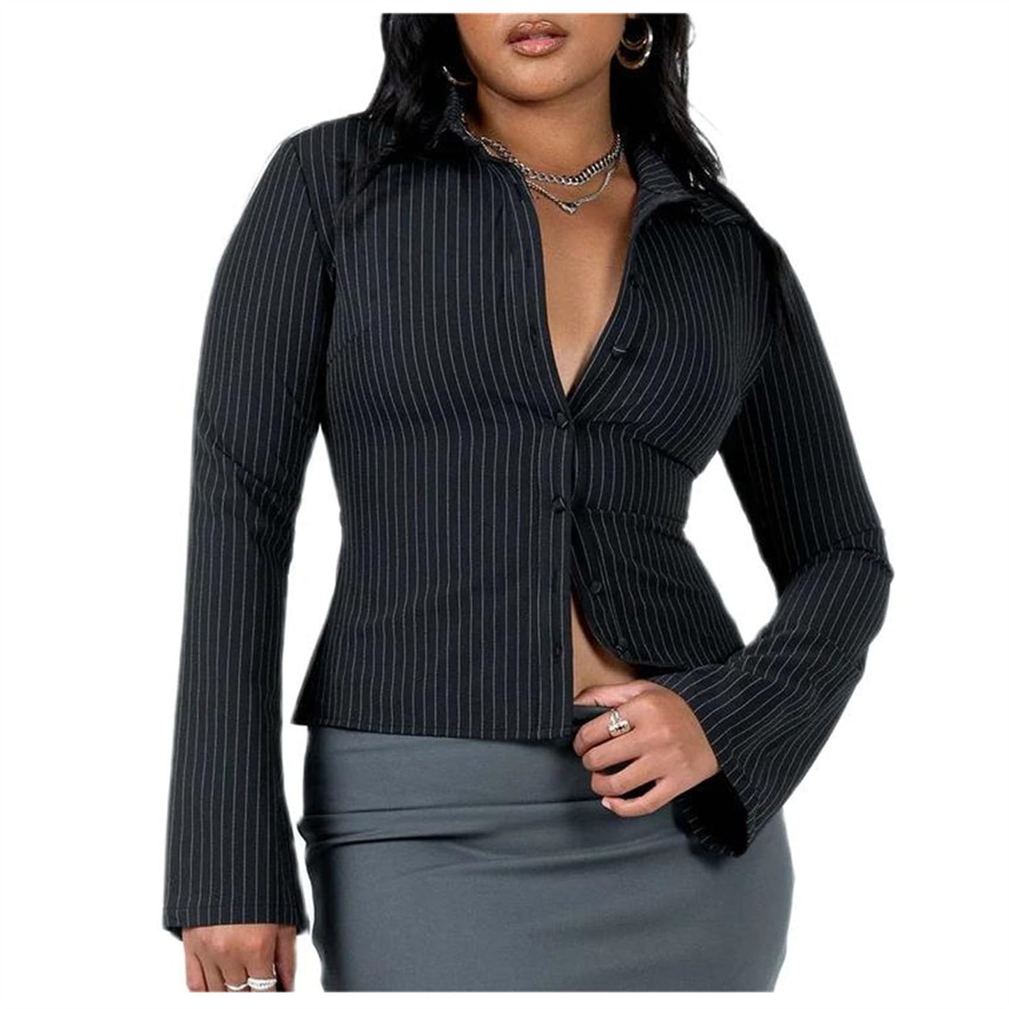 Women Slim Fit Button Down Striped Shirt