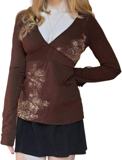 Y2k V Neck Floral Tops Women Fairy Grunge Vintage Long Sleeve Top 2000s Emo Graphic Cute Teen Girls Clothe