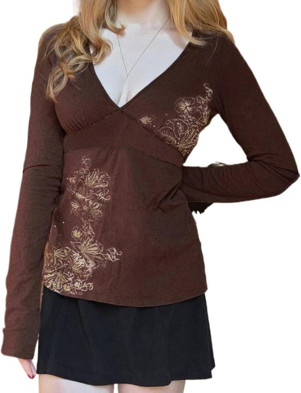 Y2k V Neck Floral Tops Women Fairy Grunge Vintage Long Sleeve Top 2000s Emo Graphic Cute Teen Girls Clothe