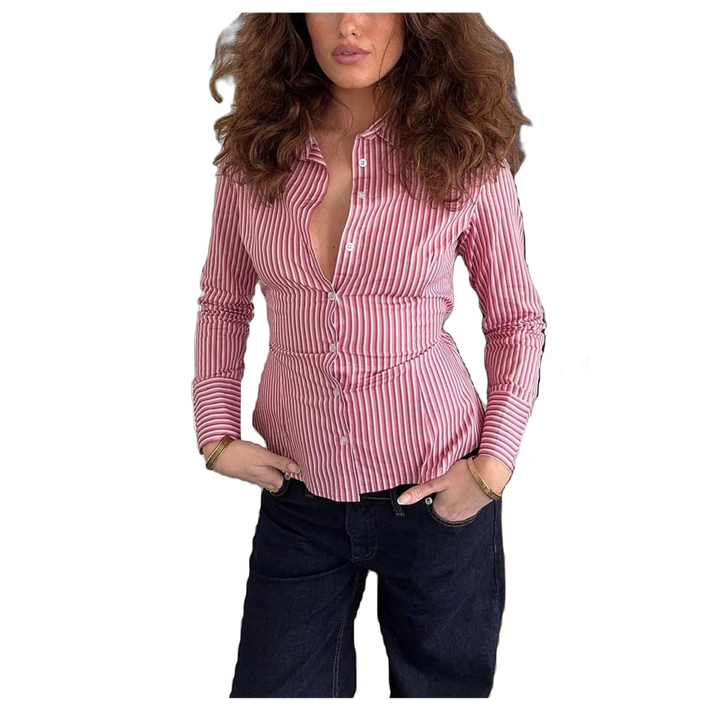 Women Slim Fit Button Down Striped Shirt