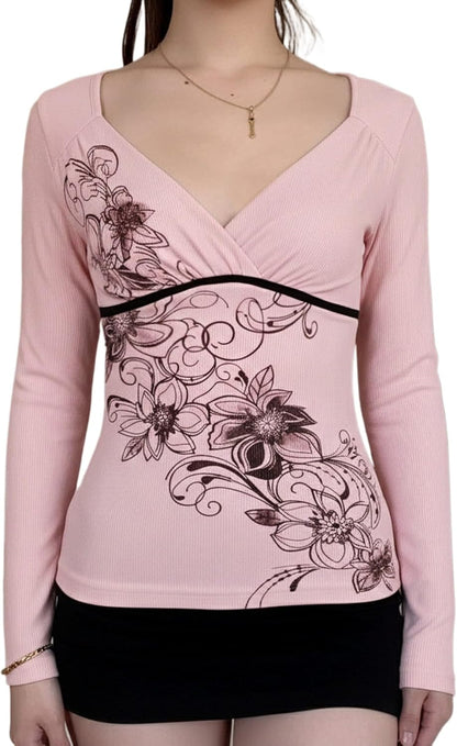 Y2k V Neck Floral Tops Women Fairy Grunge Vintage Long Sleeve Top 2000s Emo Graphic Cute Teen Girls Clothe