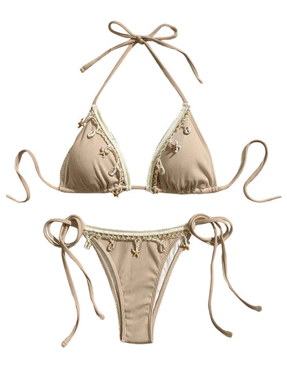Women's 2 Piece Sexy Halter Triangle Bikinis Seashell Tie