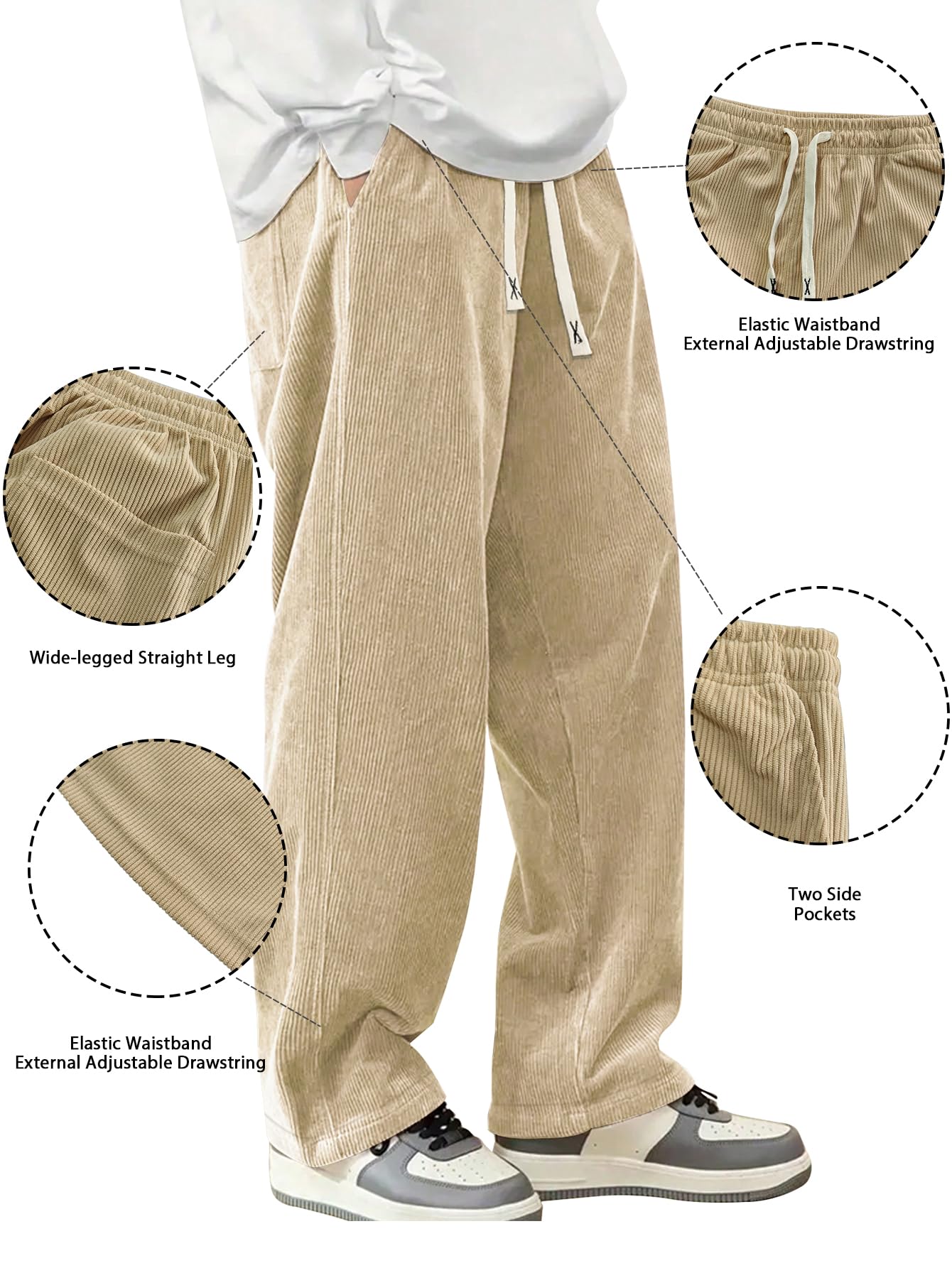 Mens Corduroy Casual Pants Fashion Loose Fit Wide Leg Pants Straight Sweatpants Elastic Waist Drawstring