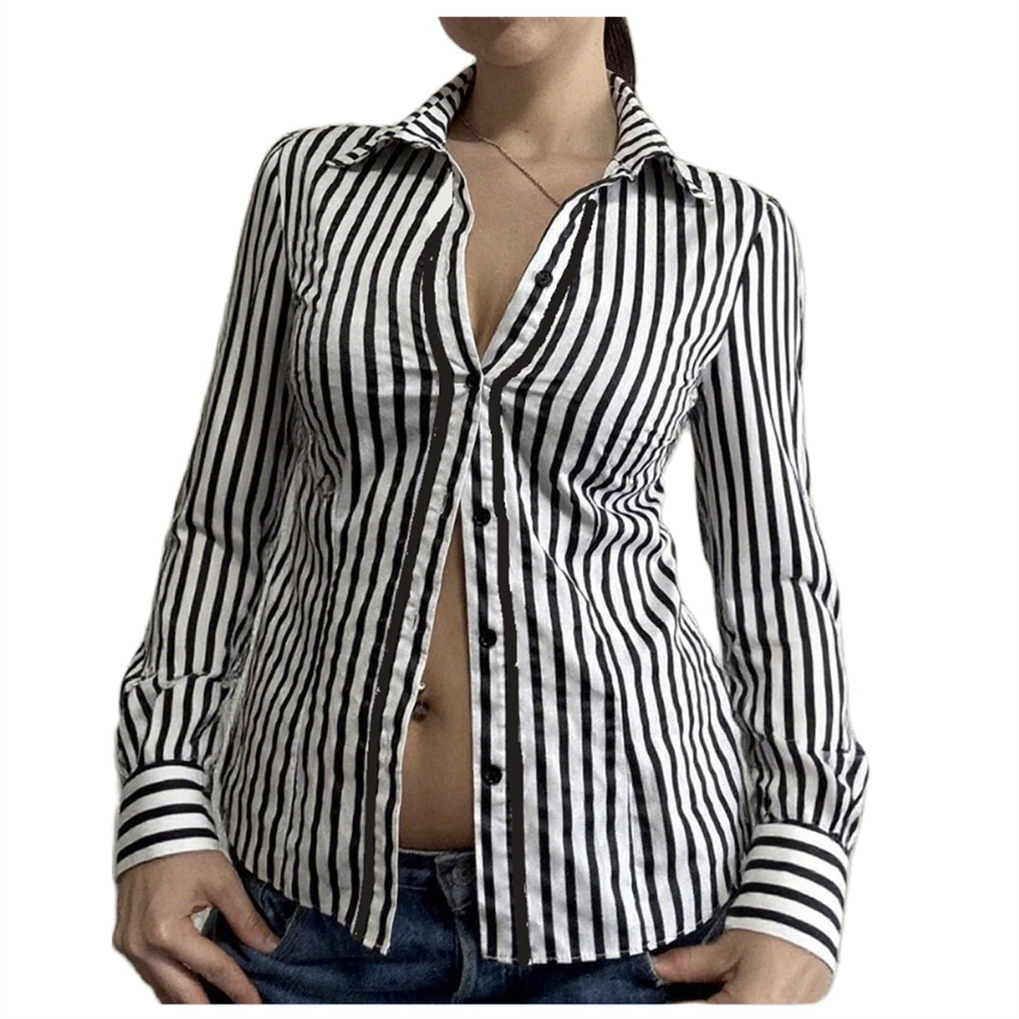 Women Slim Fit Button Down Striped Shirt