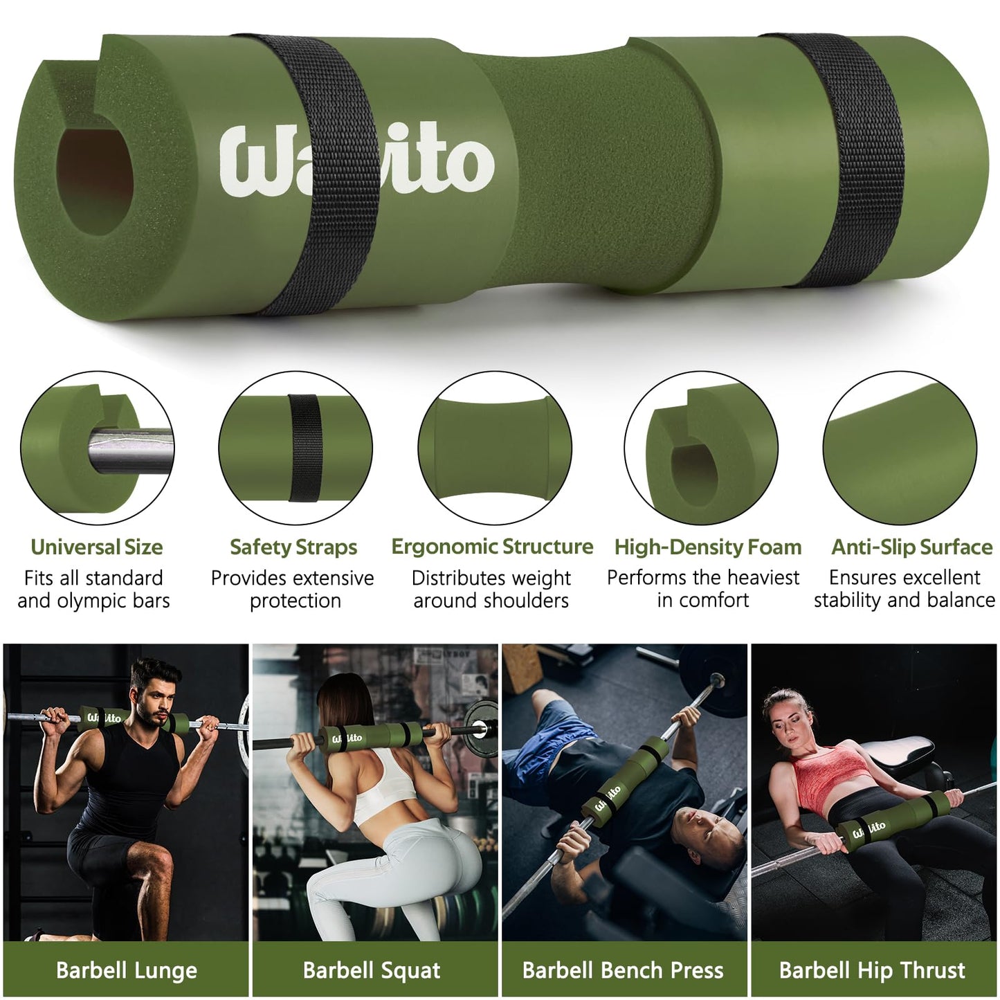 WALITO 7Pcs Barbell Pad Set for Hip Thrust - Squat Pad,Gym Accessories for Women with Bar Bad,Bench Press, with Gym Ankle Straps,Resistance Bands for Working Out,Lifting Strap,Carry Bag