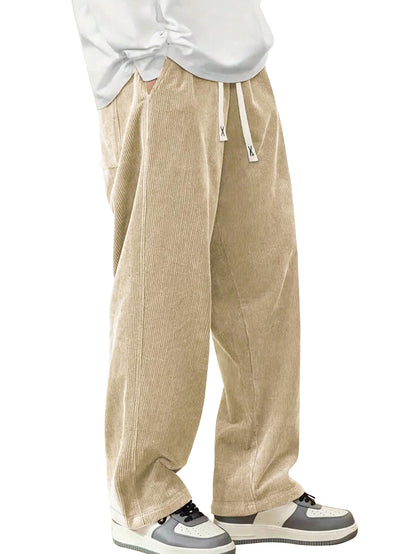 Mens Corduroy Casual Pants Fashion Loose Fit Wide Leg Pants Straight Sweatpants Elastic Waist Drawstring