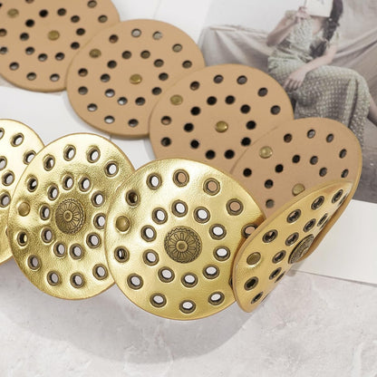 Wide Disc Belt for Women Vintage Hollow Boho Leather Belt Western Chunky Waist Belt Cowboy Metal Buckle Concho Belts