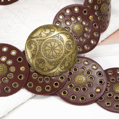 Wide Disc Belt for Women Vintage Hollow Boho Leather Belt Western Chunky Waist Belt Cowboy Metal Buckle Concho Belts