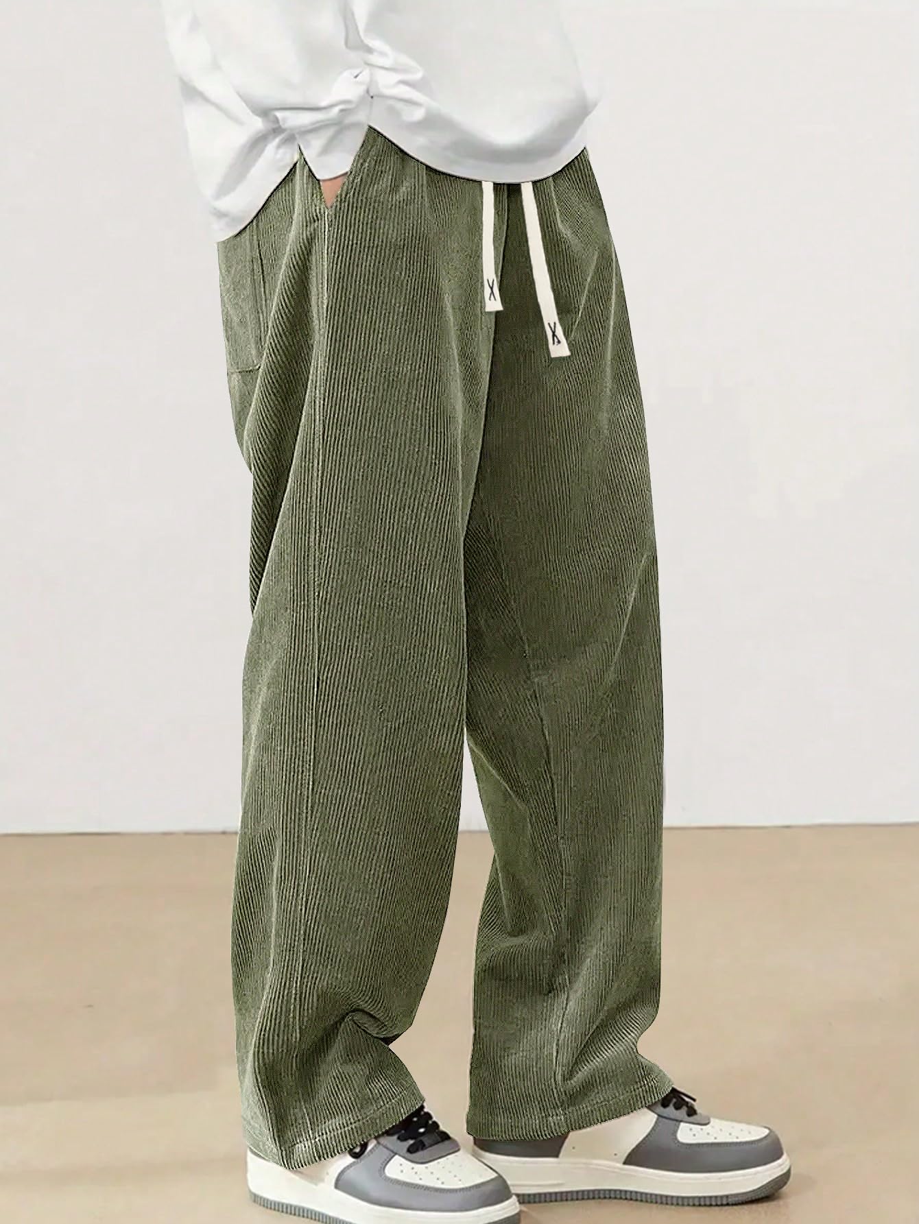 Mens Corduroy Casual Pants Fashion Loose Fit Wide Leg Pants Straight Sweatpants Elastic Waist Drawstring