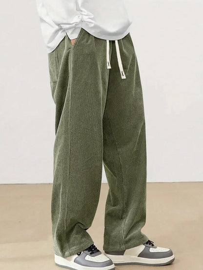 Mens Corduroy Casual Pants Fashion Loose Fit Wide Leg Pants Straight Sweatpants Elastic Waist Drawstring