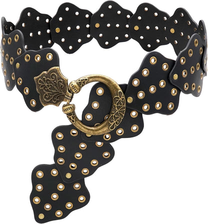 Wide Disc Belt for Women Vintage Hollow Boho Leather Belt Western Chunky Waist Belt Cowboy Metal Buckle Concho Belts