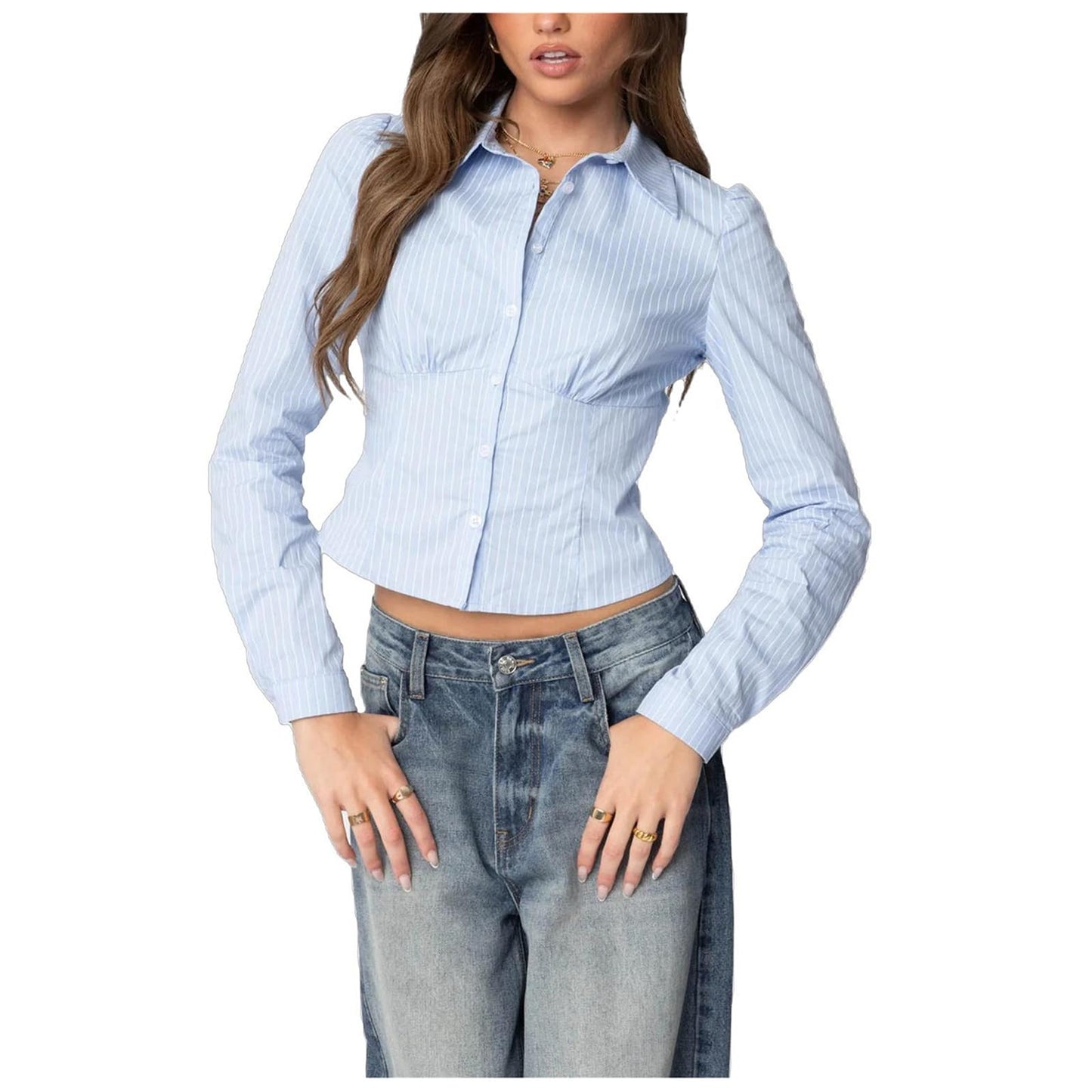 Women Slim Fit Button Down Striped Shirt