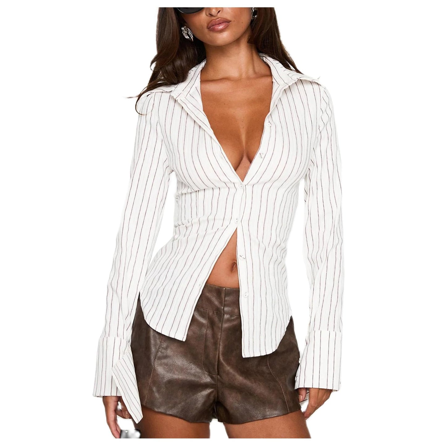 Women Slim Fit Button Down Striped Shirt