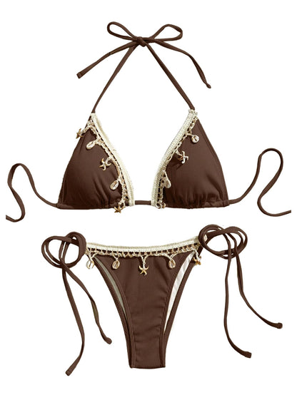 Women's 2 Piece Sexy Halter Triangle Bikinis Seashell Tie