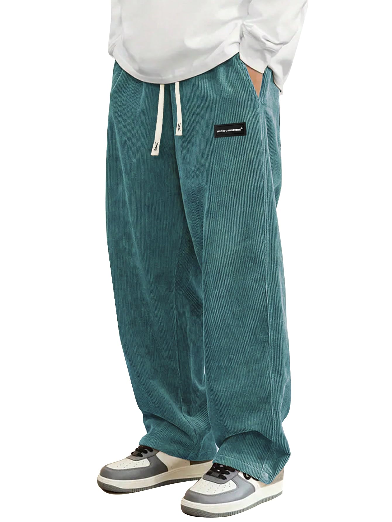 Mens Corduroy Casual Pants Fashion Loose Fit Wide Leg Pants Straight Sweatpants Elastic Waist Drawstring