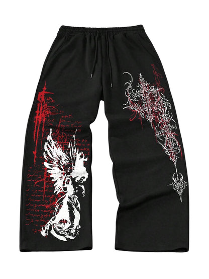 Men's Graphic Cross Print Flare Sweatpants Y2k Casual Pants