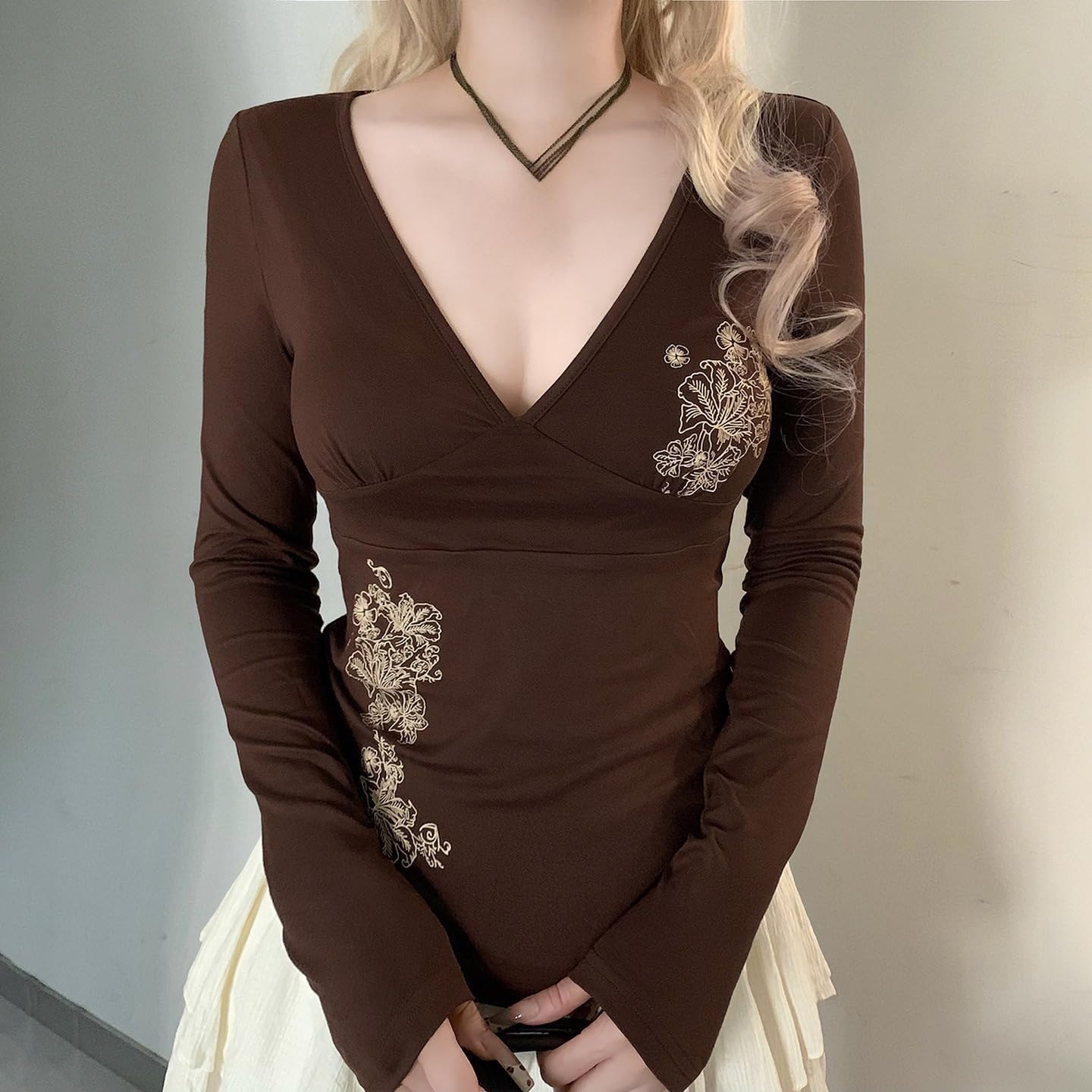 Y2k V Neck Floral Tops Women Fairy Grunge Vintage Long Sleeve Top 2000s Emo Graphic Cute Teen Girls Clothe