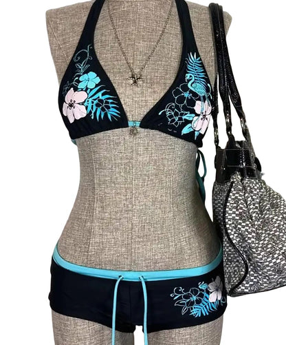 Y2k Tankini 2 Piece Halter Grunge Bikini Shorts Set