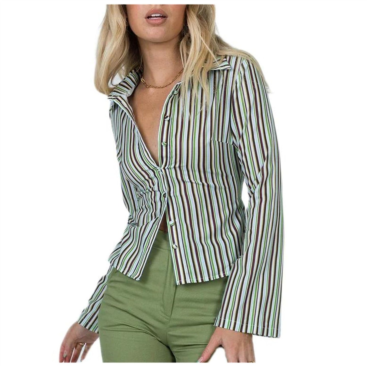 Women Slim Fit Button Down Striped Shirt