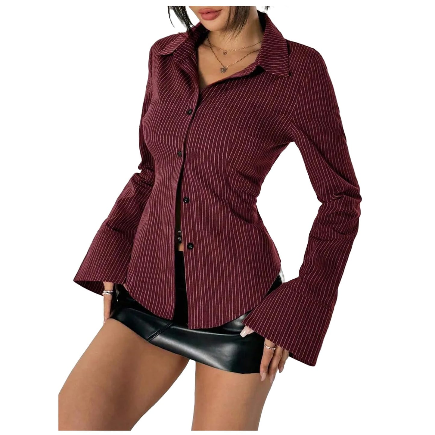 Women Slim Fit Button Down Striped Shirt