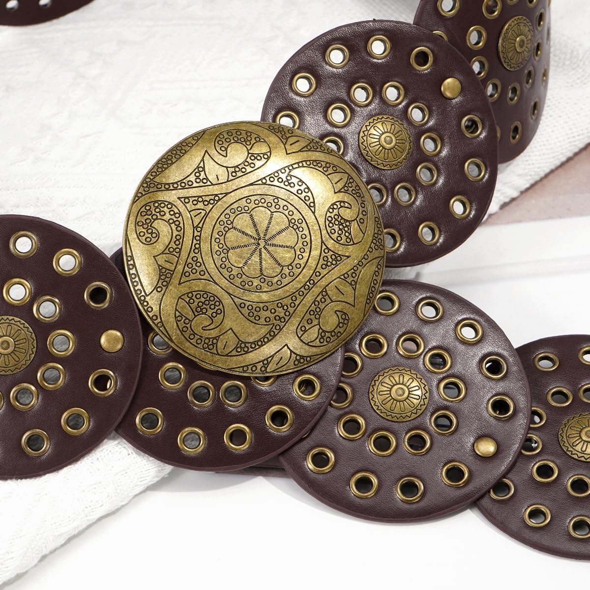 Wide Disc Belt for Women Vintage Hollow Boho Leather Belt Western Chunky Waist Belt Cowboy Metal Buckle Concho Belts