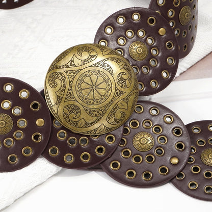 Wide Disc Belt for Women Vintage Hollow Boho Leather Belt Western Chunky Waist Belt Cowboy Metal Buckle Concho Belts