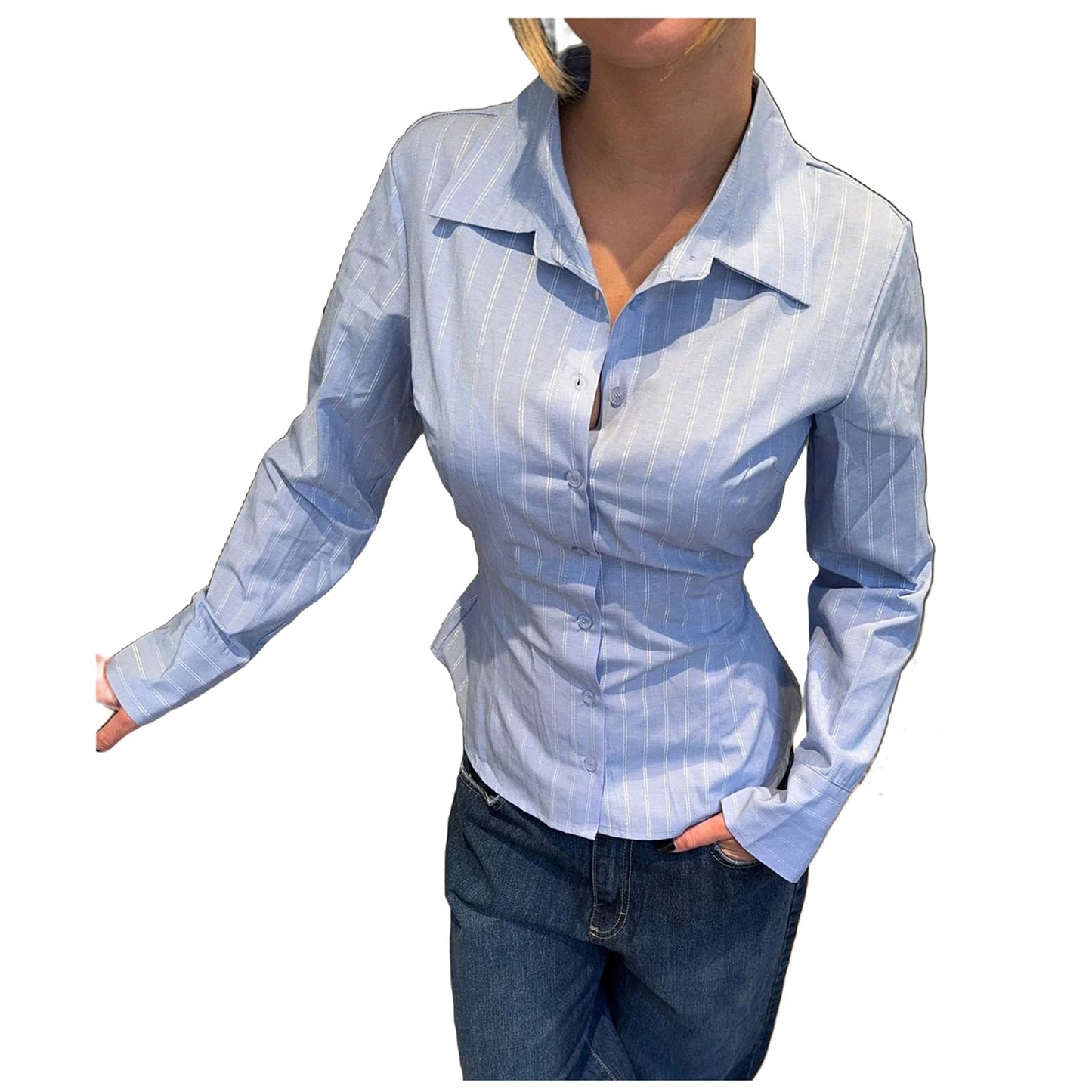 Women Slim Fit Button Down Striped Shirt