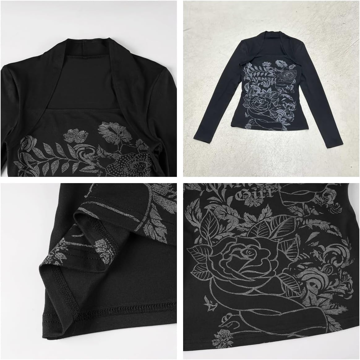 Y2k V Neck Floral Tops Women Fairy Grunge Vintage Long Sleeve Top 2000s Emo Graphic Cute Teen Girls Clothe