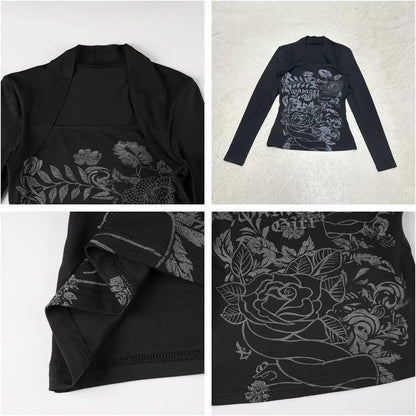 Y2k V Neck Floral Tops Women Fairy Grunge Vintage Long Sleeve Top 2000s Emo Graphic Cute Teen Girls Clothe