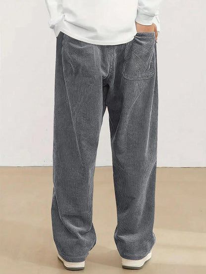 Mens Corduroy Casual Pants Fashion Loose Fit Wide Leg Pants Straight Sweatpants Elastic Waist Drawstring