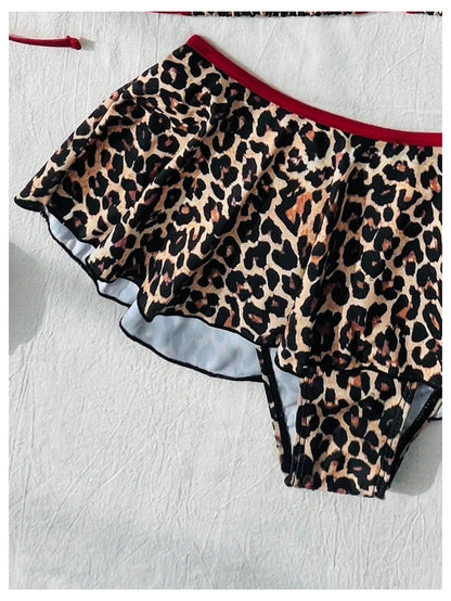 Women's 2 Piece Leopard Ruffle Bikini Sets Triangle Halter