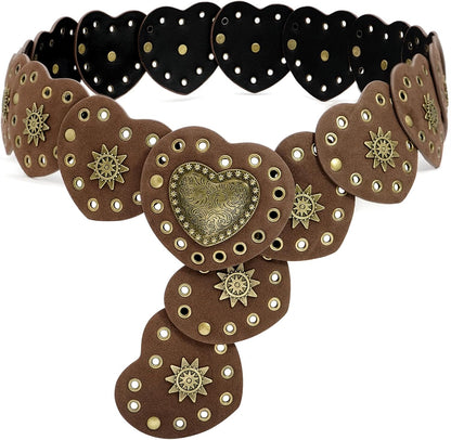 Wide Disc Belt for Women Vintage Hollow Boho Leather Belt Western Chunky Waist Belt Cowboy Metal Buckle Concho Belts