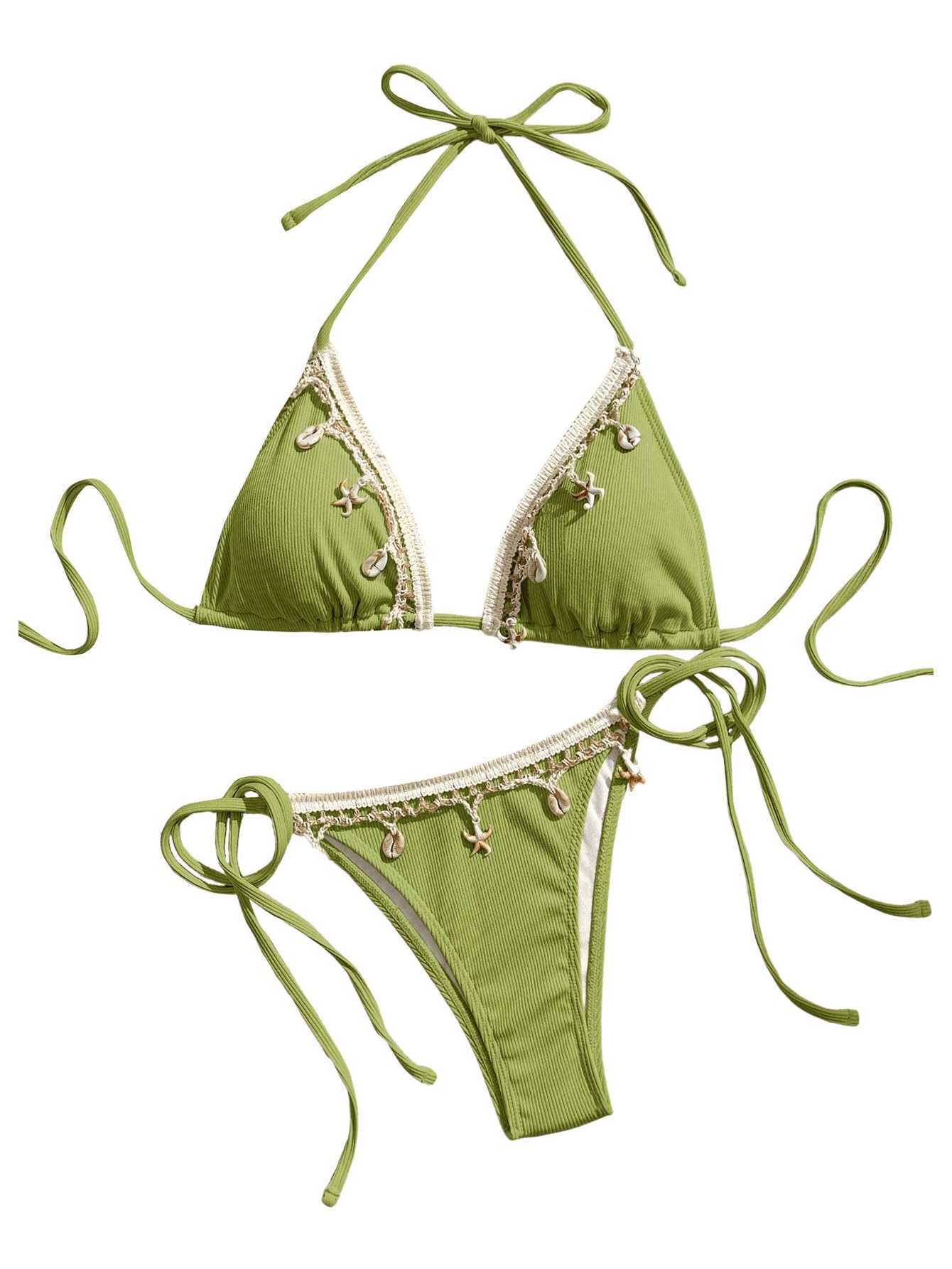 Women's 2 Piece Sexy Halter Triangle Bikinis Seashell Tie