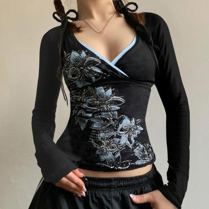 Y2k V Neck Floral Tops Women Fairy Grunge Vintage Long Sleeve Top 2000s Emo Graphic Cute Teen Girls Clothe