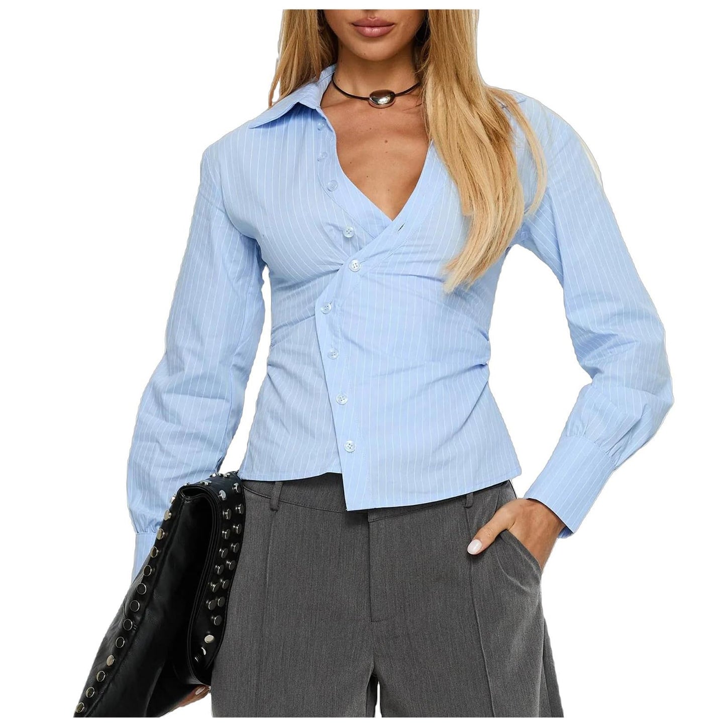 Women Slim Fit Button Down Striped Shirt
