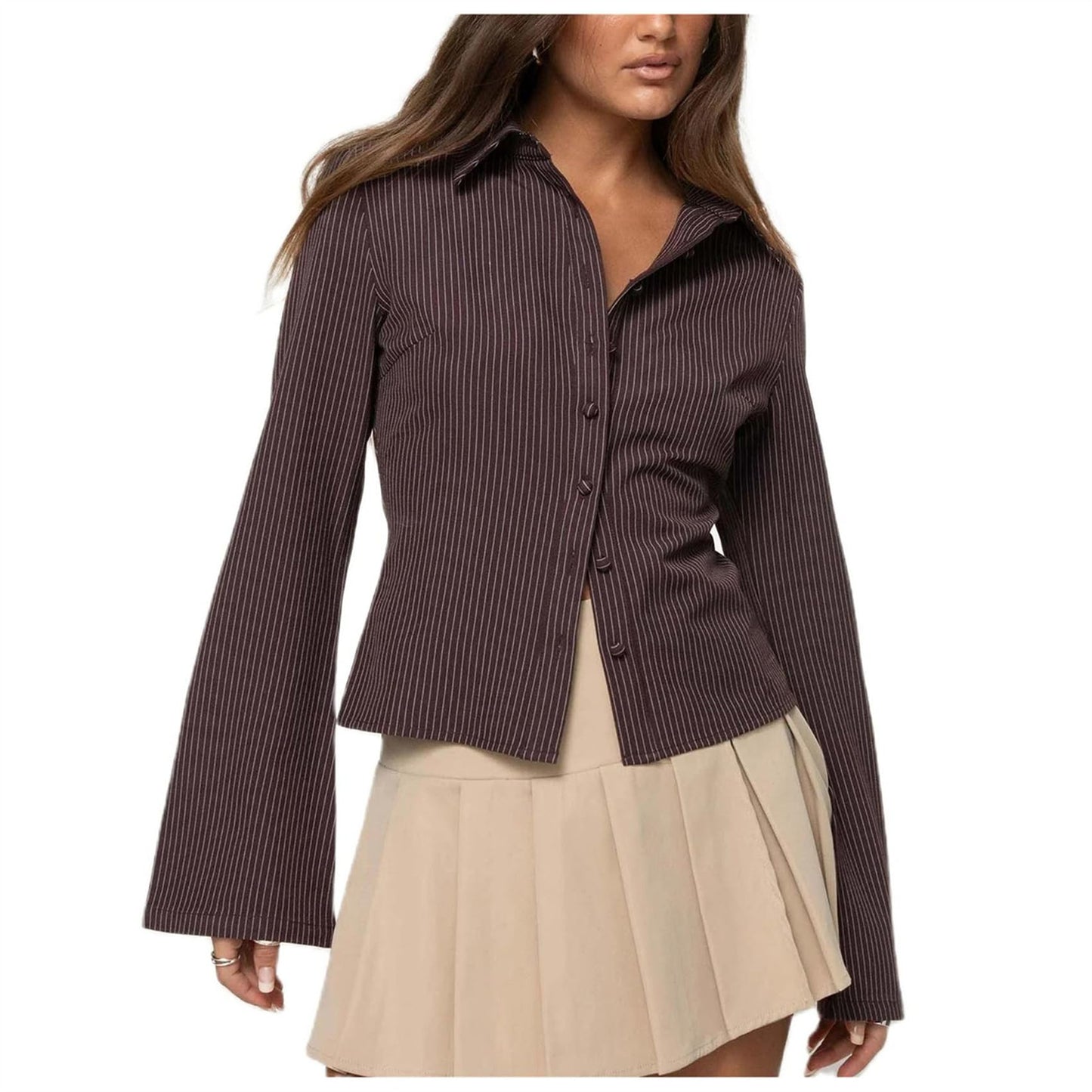 Women Slim Fit Button Down Striped Shirt