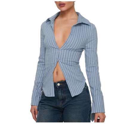 Women Slim Fit Button Down Striped Shirt