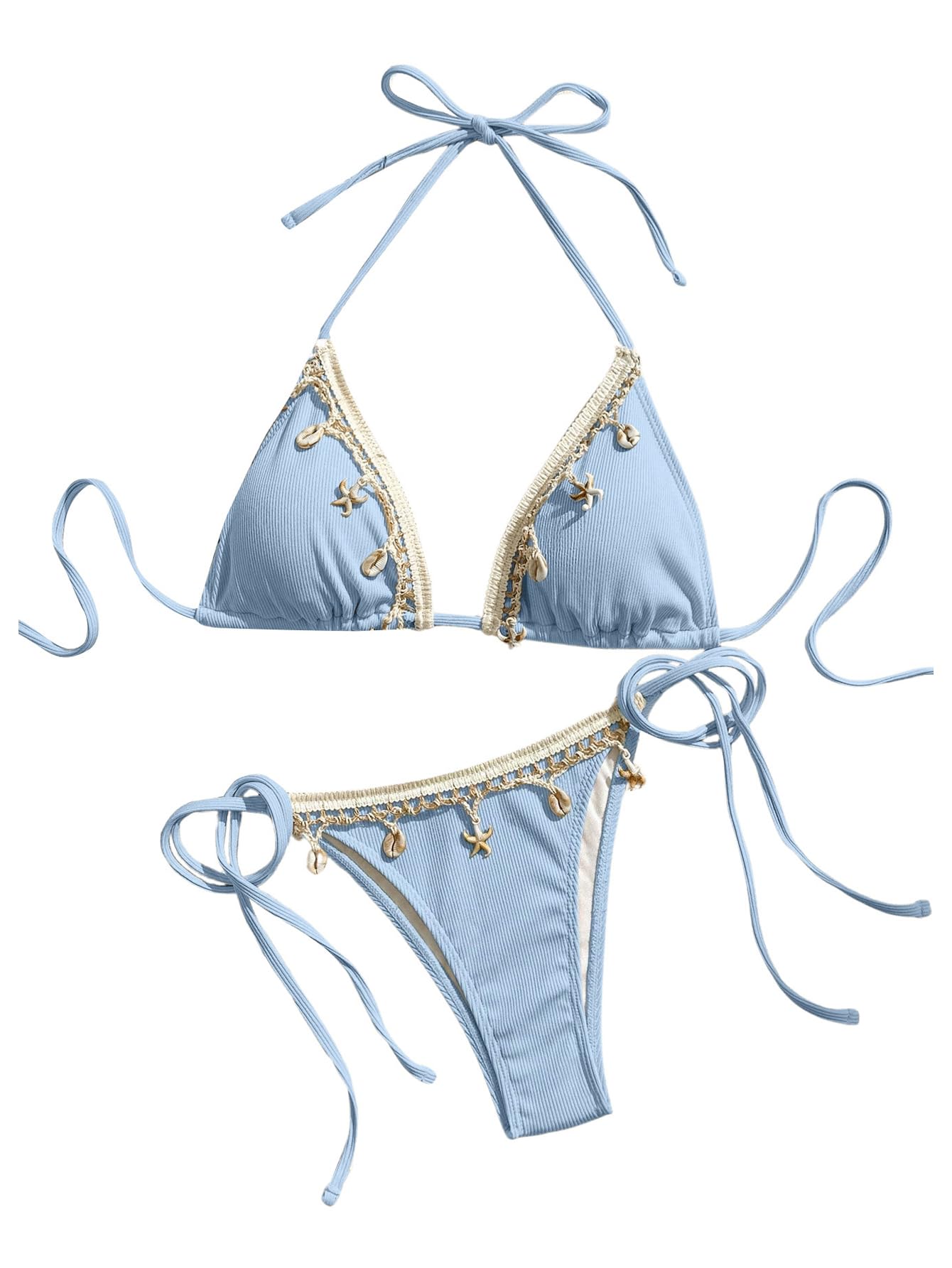 Women's 2 Piece Sexy Halter Triangle Bikinis Seashell Tie