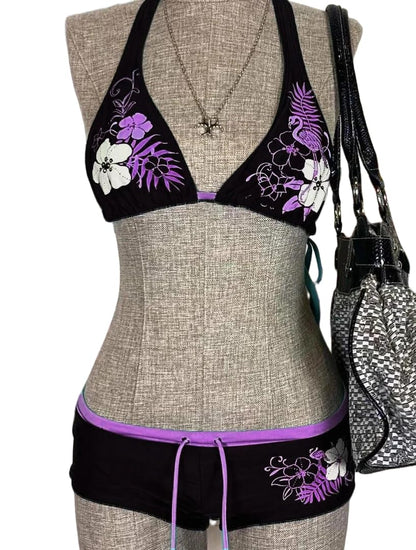 Y2k Tankini 2 Piece Halter Grunge Bikini Shorts Set