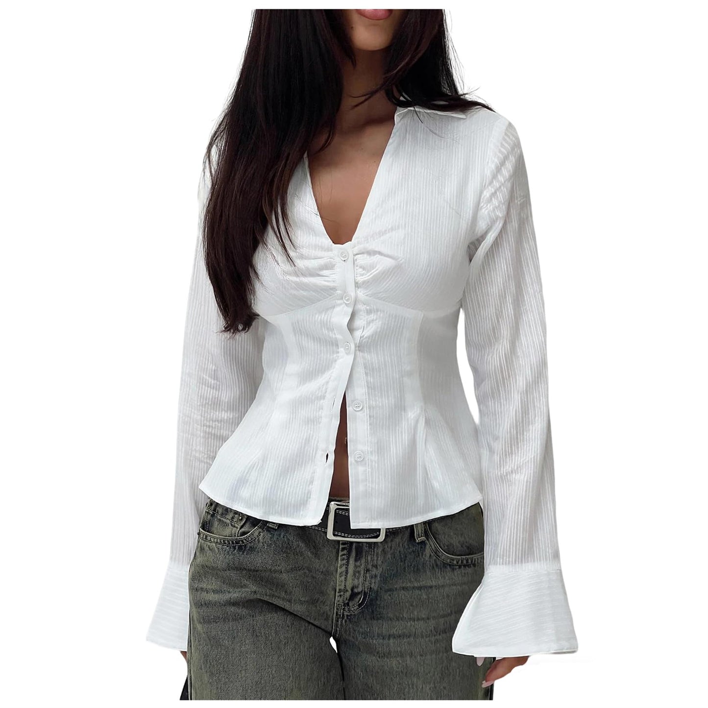 Women Slim Fit Button Down Striped Shirt