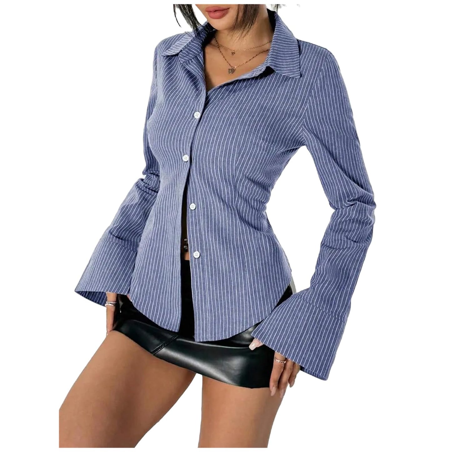Women Slim Fit Button Down Striped Shirt