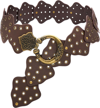 Wide Disc Belt for Women Vintage Hollow Boho Leather Belt Western Chunky Waist Belt Cowboy Metal Buckle Concho Belts