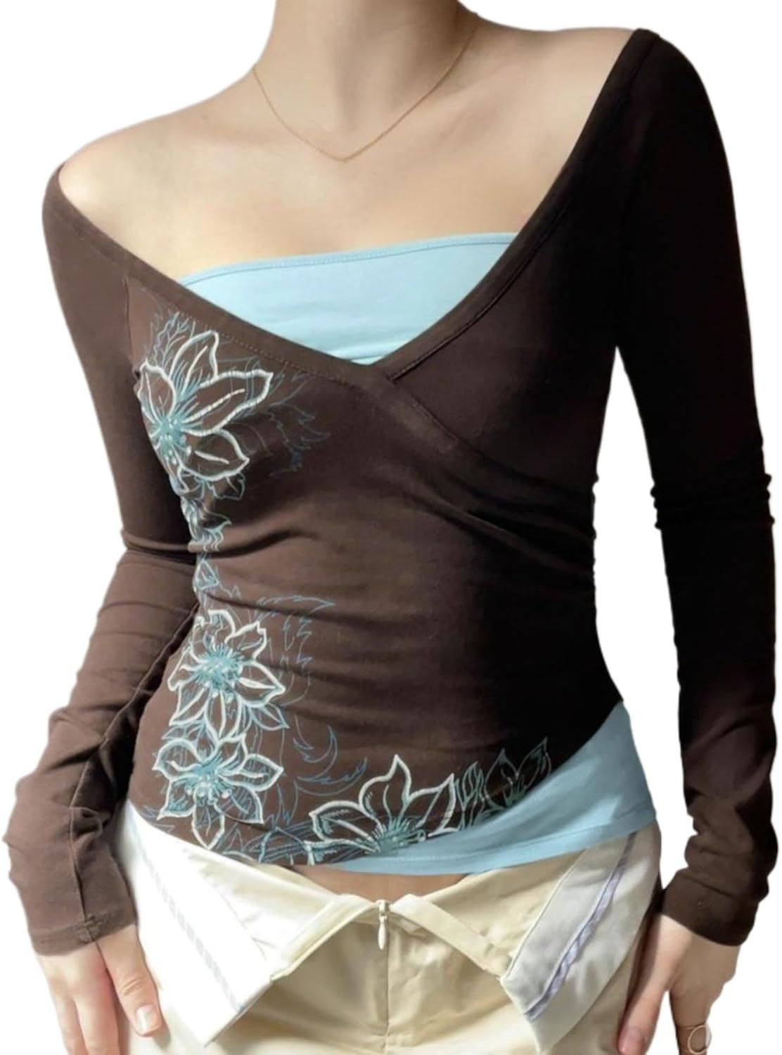 Y2k V Neck Floral Tops Women Fairy Grunge Vintage Long Sleeve Top 2000s Emo Graphic Cute Teen Girls Clothe