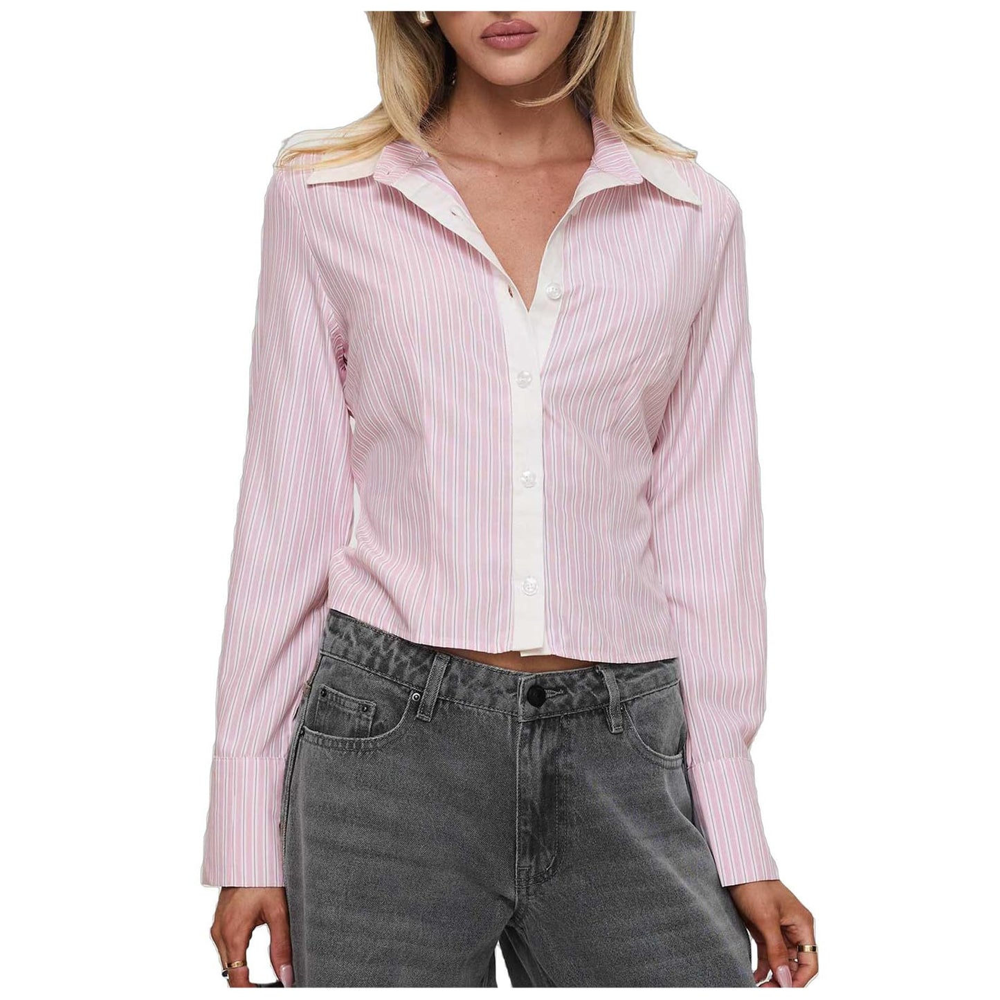 Women Slim Fit Button Down Striped Shirt