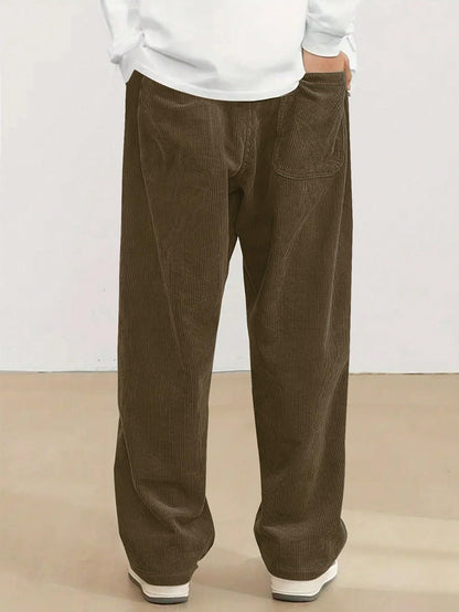 Mens Corduroy Casual Pants Fashion Loose Fit Wide Leg Pants Straight Sweatpants Elastic Waist Drawstring
