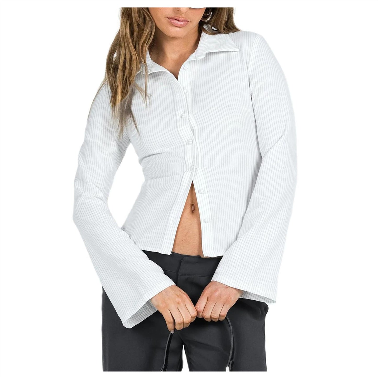 Women Slim Fit Button Down Striped Shirt