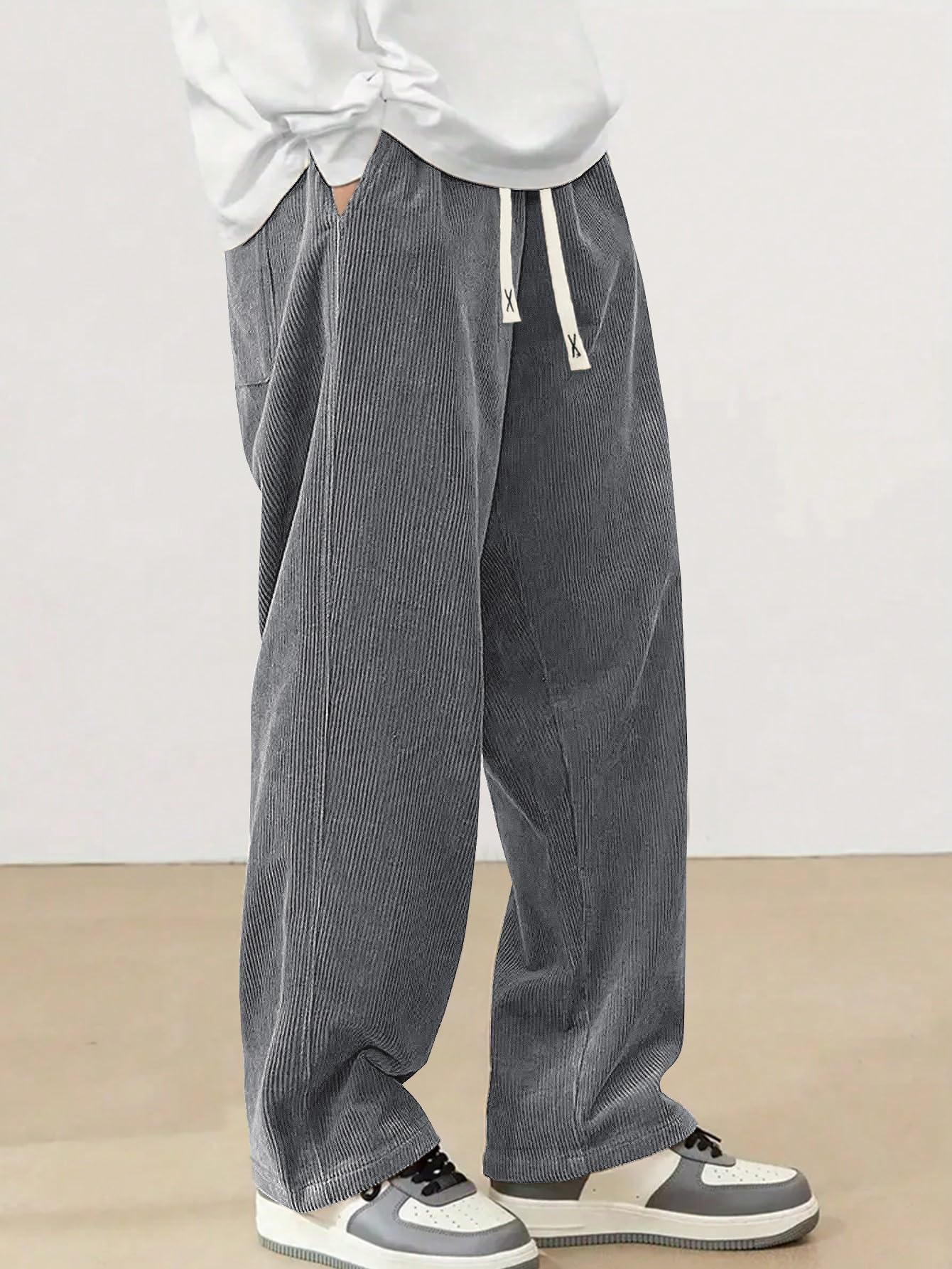 Mens Corduroy Casual Pants Fashion Loose Fit Wide Leg Pants Straight Sweatpants Elastic Waist Drawstring